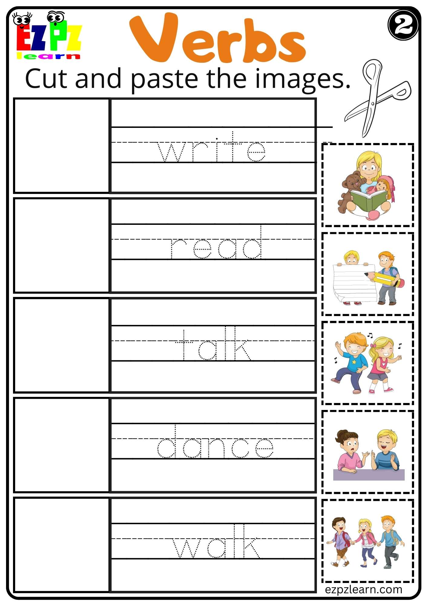 Verbs Cut and Paste Worksheet for Home Schooling K5 and ESL PDF Download Set 2